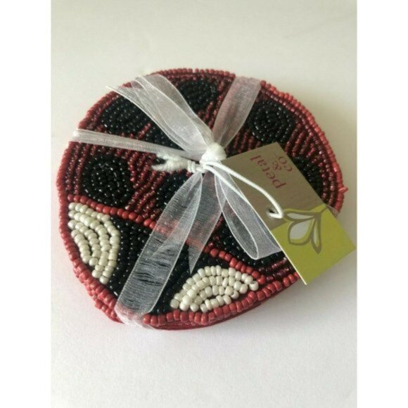 Petal & Co Lady 4 Pc Bug Beaded / sateen Coasters for drink Red White 4" x 4.5" - Picture 1 of 8